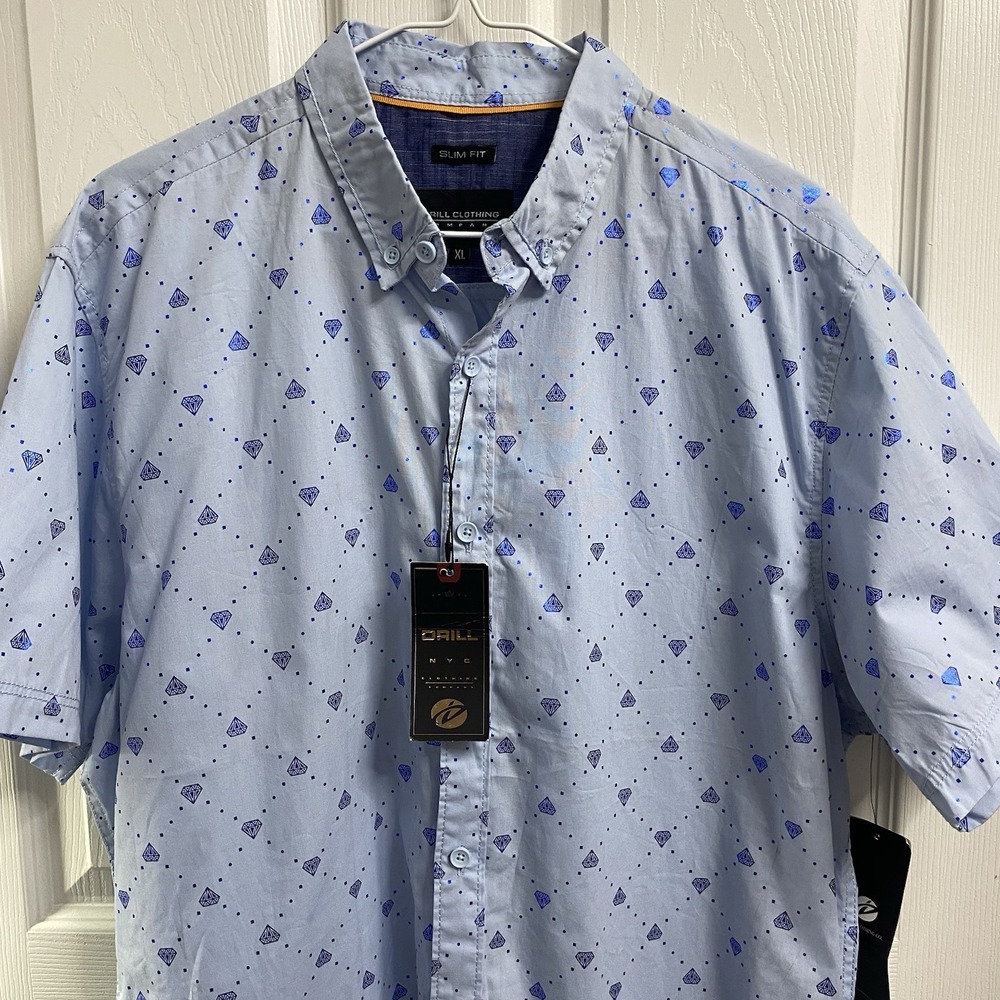 Drill Clothing Company Men Blue Button Down Diamond Reflective Shirt Slim-fit XL